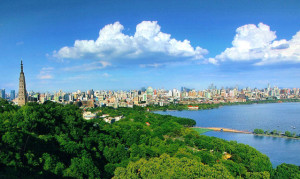 Hangzhou - West Lake, Broken Bridge, Geling Hill and the Hangzhou downtown area east of West Lake.